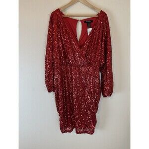 Ashley Stewart Red Sequin Party Dress Plus Size 22-24 Long Sleeve Holiday Wrap